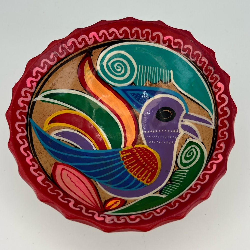 Mexican Art Pottery Small Footed Bowl Hand Painted Bird Mahjong Dice Dish